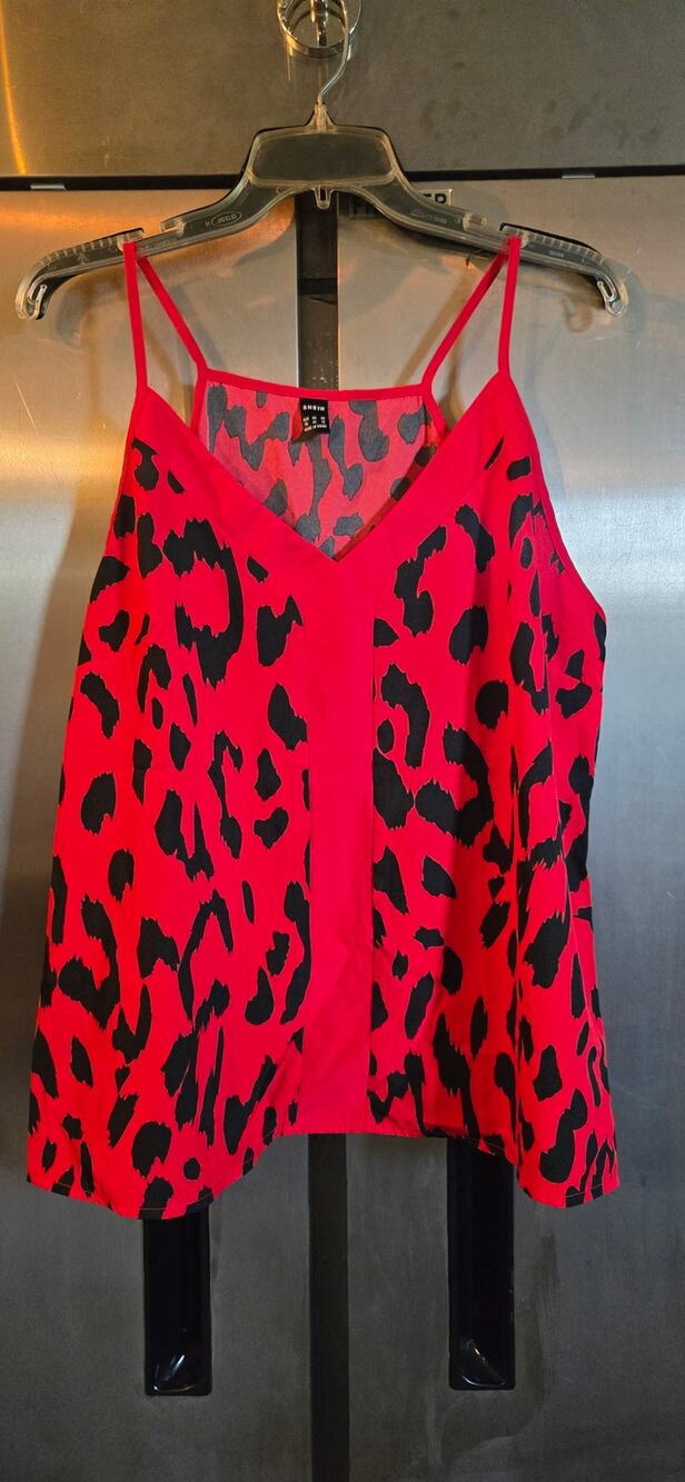 Shein Red Black Leopard Print V-Neck Swing Cami Tank Top Size XL